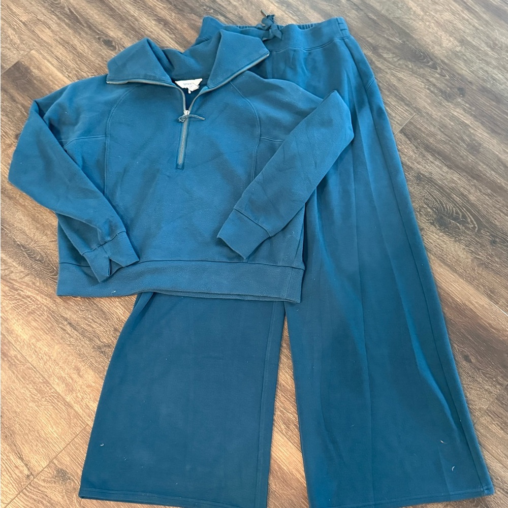 Spanx AirEssentials Set Deep Cove Teal Quarter Zip and Wide-Leg Pants Set
